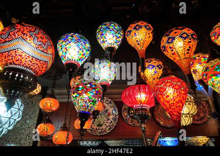 Turkish style colored hanging lights with a teardrop design of colorful glass mosaics. Stock Photo