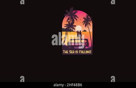the sea is calling man standing on van holding surfboard at beach monogram text vector template Stock Vector