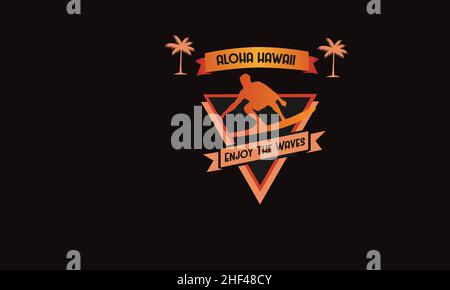 aloha hawaii enjoy the waves man on surfboard monogram text vector template Stock Vector