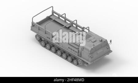 3D rendering of a people carrier army truck on caterpillar tracks in isolated empty studio background. Stock Photo