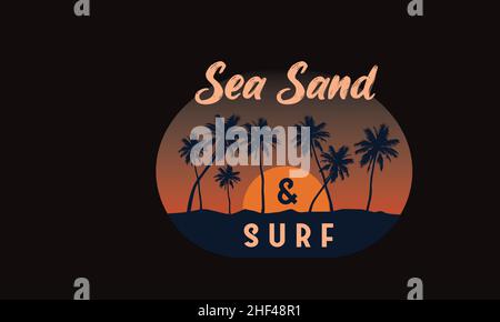 sea sand and surf sunset on beach or palm trees monogram text vector template Stock Vector