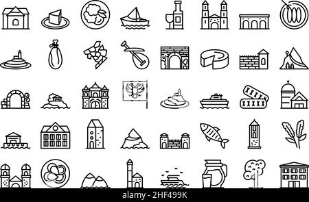 Montenegro icons set outline vector. Country area. Atlas building Stock Vector
