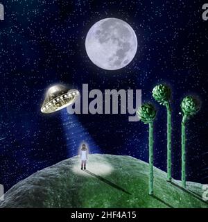 Girl beamed up by an alien aircraft Stock Photo
