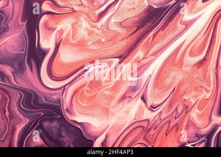 Abstract fluid art background purple and pink colors. Liquid marble. Acrylic painting on canvas with rose glitter gradient. Backdrop with shiny wavy p Stock Photo