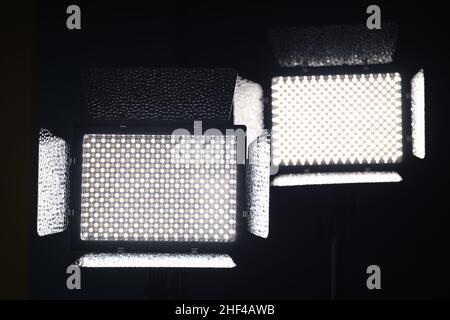 Two luminous LED panels for photography, close-up Stock Photo