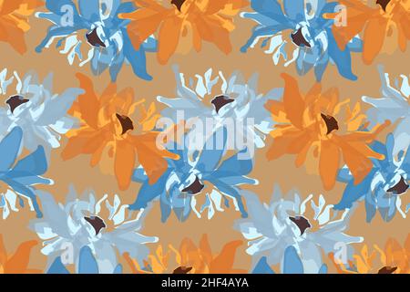 Vector floral seamless pattern. Abstract blue and orange flowers on a light coffee color background. Stock Vector
