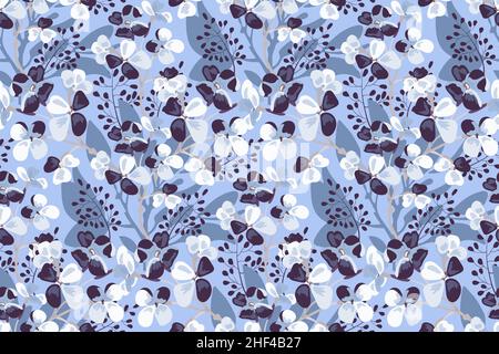 Vector floral seamless pattern. Lilac flowers with light brown twigs and blue leaves on a blue. Stock Vector