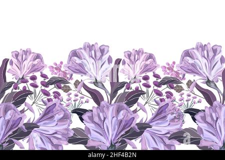 Vector floral seamless pattern, border. Horizontal panoramic design with purple and lilac flowers. Stock Vector
