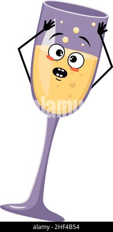 Glasses of sparkling wine character with emotions in panic grabs his head, surprised face, shocked eyes, arms and legs. Alcohol man with scared expression, glass container for holidays and parties Stock Vector