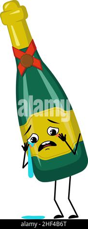 Bottle of sparkling wine character with sad emotions, face and mask ...