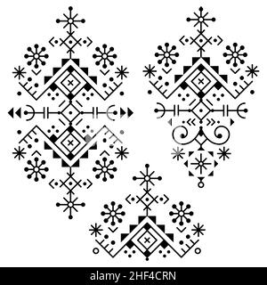 Modern minimal tribal line art vector design set, geometric ornamental patterns collection in black and white inspired by old Nordic Viking rune art Stock Vector
