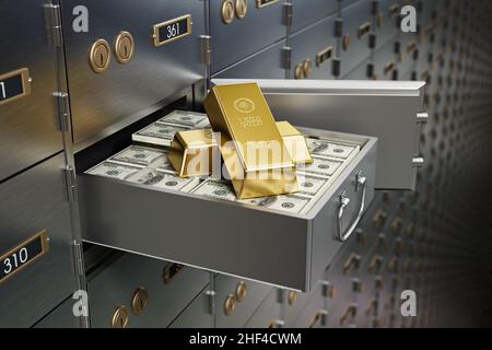 Open bank deposit box full of dollar bills and gold ingots. 3D illustration. Stock Photo