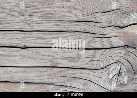 Textured background of beige sawn wood with cracks, horizontal lines, top view, close-up. Stock Photo