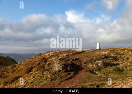 The trig point at the summit of Benarty Hill, Fife, Scotland Stock Photo