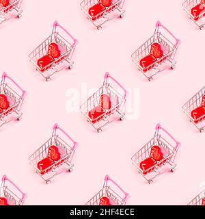 Shopping trolley push cart with red hearts and Love words repeat seamless pattern on light pink background. Valentines day celebration wrapping paper. Stock Photo