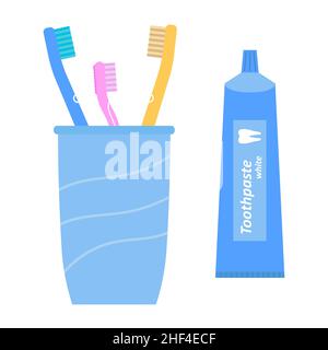 Toothpaste and toothbrushes in a glass. Dental cleaning tools. Vector illustration in flat style on white isolated background. Stock Vector