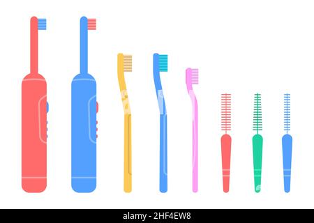 Dental cleaning tools. Set of toothbrushes. Electric toothbrushes. Vector illustration in flat style on white isolated background. Stock Vector
