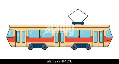 Red city tram. Urban land transport. Vector illustration in flat line style on a white isolated background. Stock Vector