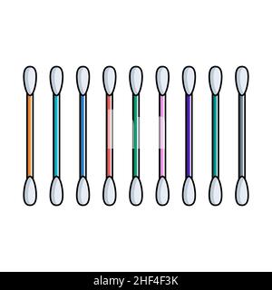 Set of multicolored ear cotton swabs icons. Hygiene product. Vector illustration on white isolated background in flat line style. Stock Vector