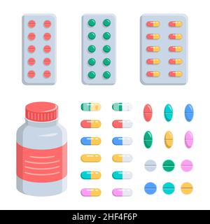 Pills, capsules, vitamins, pain and antidepressants in blisters and in a jar. Set is medical, pharmacy, hospital. Isolated vector illustration on white background. Cartoon flat style. Stock Vector