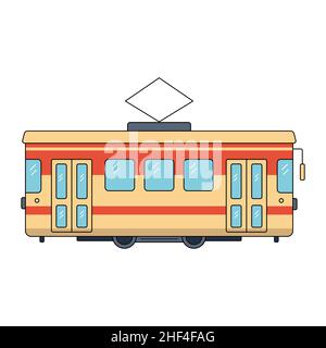 Red city tram. Urban land transport. Vector illustration in flat line style on a white isolated background. Stock Vector