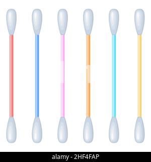 Set of cotton swabs. Multicolored and soft cotton swabs for makeup, hygiene, medicine. Cartoon flat style. Isolated vector illustration on white background. Stock Vector