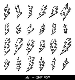 A set of electric lightning bolts. Elements for a thunderstorm. Objects for comics. Doodle hand draw style. Isolated illustration on a white background. Stock Vector