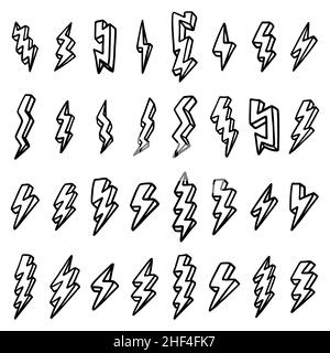 Lightning set. Elements for a thunderstorm. Electric discharge. Objects for comics. Doodle hand draw style. Isolated illustration on a white background. Stock Vector