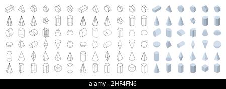 Set of 3d basic geometric shapes. Isometric view. Objects for school, geometry and mathematics. Isolated vector illustration on white background. Stock Vector