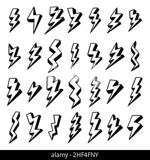 Lightning set. Elements for a thunderstorm. Objects for comics. Doodle hand draw style. Isolated illustration on a white background. Stock Vector