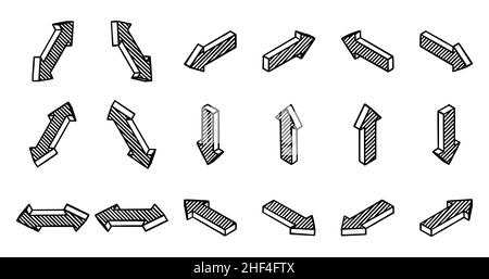 Set of isometric arrows. 3d black with hatching. Use as side pointers, loading, cursor, refresh. Isolated vector illustration on white background. Stock Vector