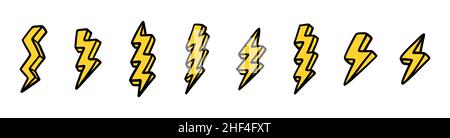 Lightning set. Elements for a thunderstorm. Electric discharge. Objects for comics. Doodle hand draw style. Isolated illustration on a white background. Stock Vector