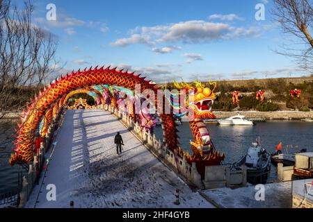 Yantai, Yantai, China. 14th Jan, 2022. On January 13, 2022, Penglai District, Yantai City, Shandong Province ushered in the first large-scale snowfall in the new year. The ancient pavilion, lanterns, auspicious snow and seagulls are as beautiful as a picture. Yantai meteorological observatory continued to issue the yellow warning signal of road icing at 9:00 on January 13 (Credit Image: © SIPA Asia via ZUMA Press Wire) Stock Photo