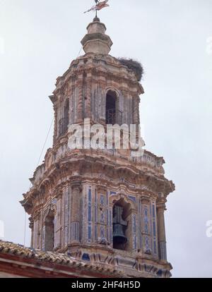 TORRE - FOTO AÑOS 80. Location: IGLESIA PARROQUIAL. MANZANILLA. Huelva. SPAIN. Stock Photo