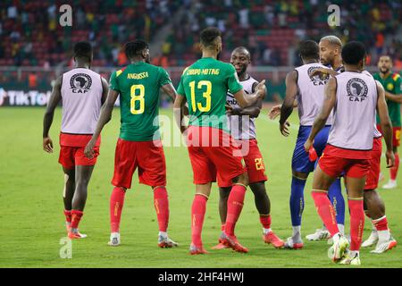 YAOUNDE, CAMEROON - JANUARY 13: Ignatius Ganago, André-Frank Zambo Anguissa and Eric Maxim Choupo-Moting of Cameroon during the 2021 Africa Cup of Nat Stock Photo