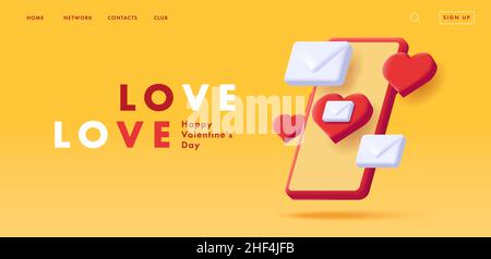 3d illustration of a smartphone with isometric hearts and love envelopes poping up from the screen, 3d render Valentines Day banner Stock Vector
