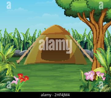 Camping zone with tent scene in the beautiful garden Stock Vector