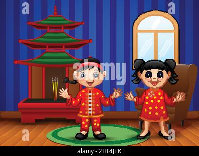 Cartoon chinese kids in the living room Stock Vector