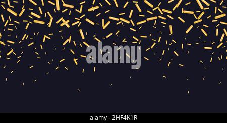 Sprinkle realistic with grains of desserts. Seamless pattern bright golden sprinkles grainy isolated on black. Design for holiday designs, party, birt Stock Vector