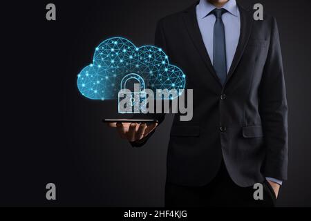 Cloud technology. Polygonal wireframe cloud storage sign with padlock on dark blue. Cloud computing, big data center, future infrastructure, digital a Stock Photo