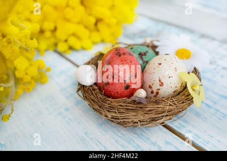 Chocolate Easter eggs in glaze are placed in the nest. Mimosa flowers decorate an Easter still life of colored Easter eggs. Stock Photo
