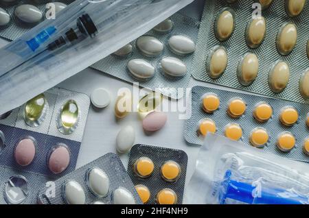 many different tablets, including blisters and plates Stock Photo
