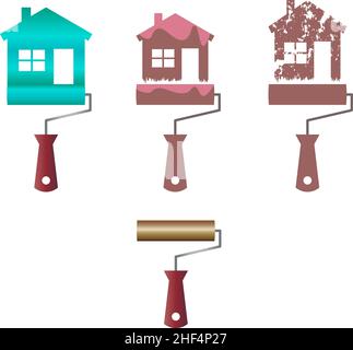 Set of paint roller and house icons drawing in flat style silhouette Stock Vector