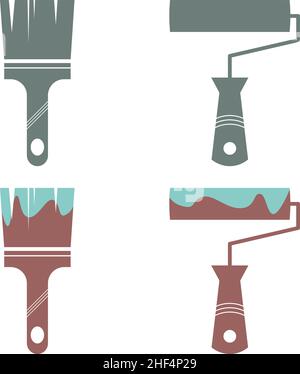 Set of paint brush and paint roller icons drawing in flat style silhouette Stock Vector