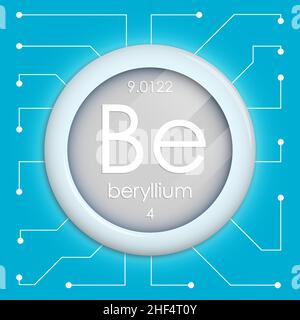 Realistic button with beryllium symbol. Chemical element is hydrogen. Vector isolated on white background Stock Vector