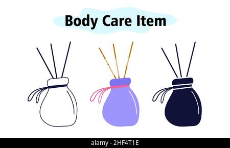 Incense sticks in a glass bottle. Aromatherapy and relaxation. The fragrance of the house. Vector illustration in color, solid and linear design. Stock Vector