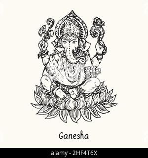 Ganesha sitting on lotus. Ink black and white doodle drawing in woodcut style with inscription. Stock Photo