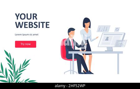 Vector of business people working on computer making web page design for website. Stock Vector