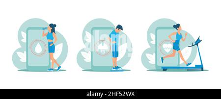 Vector of fitness people exercising using mobile phone app to keep control over water balance weight and heartbeat Stock Vector