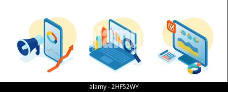 Vector of financial charts and graphs, business strategy and finance data on mobile devices and desktop screen Stock Vector